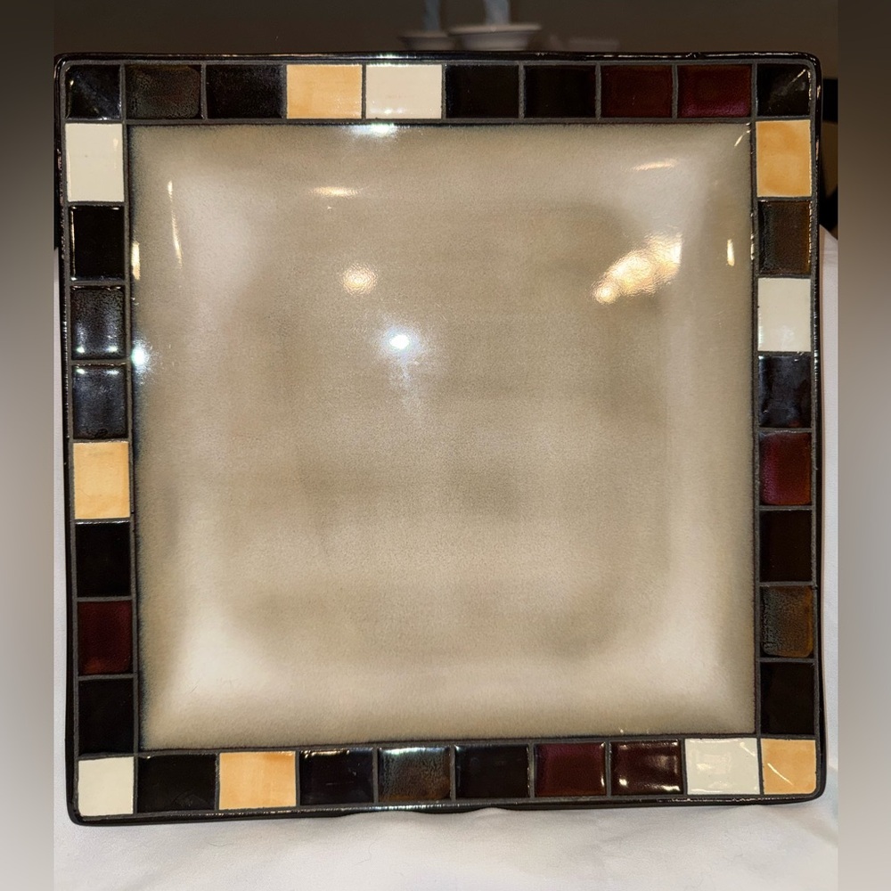 Hometrends Decorative Square Ceramic platter with Mosaic Border - Neutral Tones